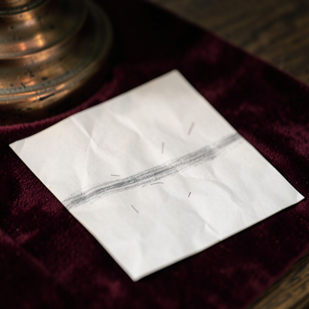 Oblique close view of a paper sheet showing a horizontal pencil band with small test marks, on burgundy cloth