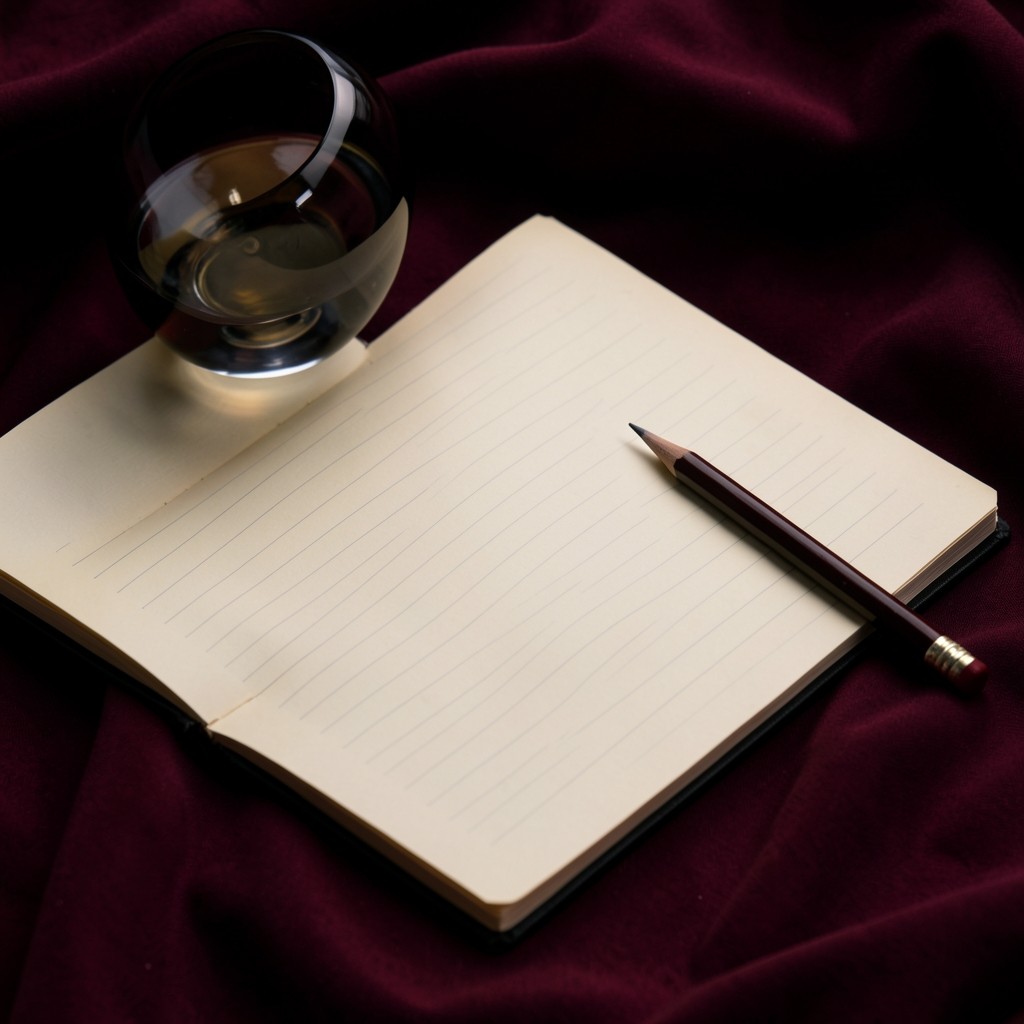An open notebook with empty ruled columns and a pencil on dark lacquered wood, smoked glass and burgundy cloth nearby