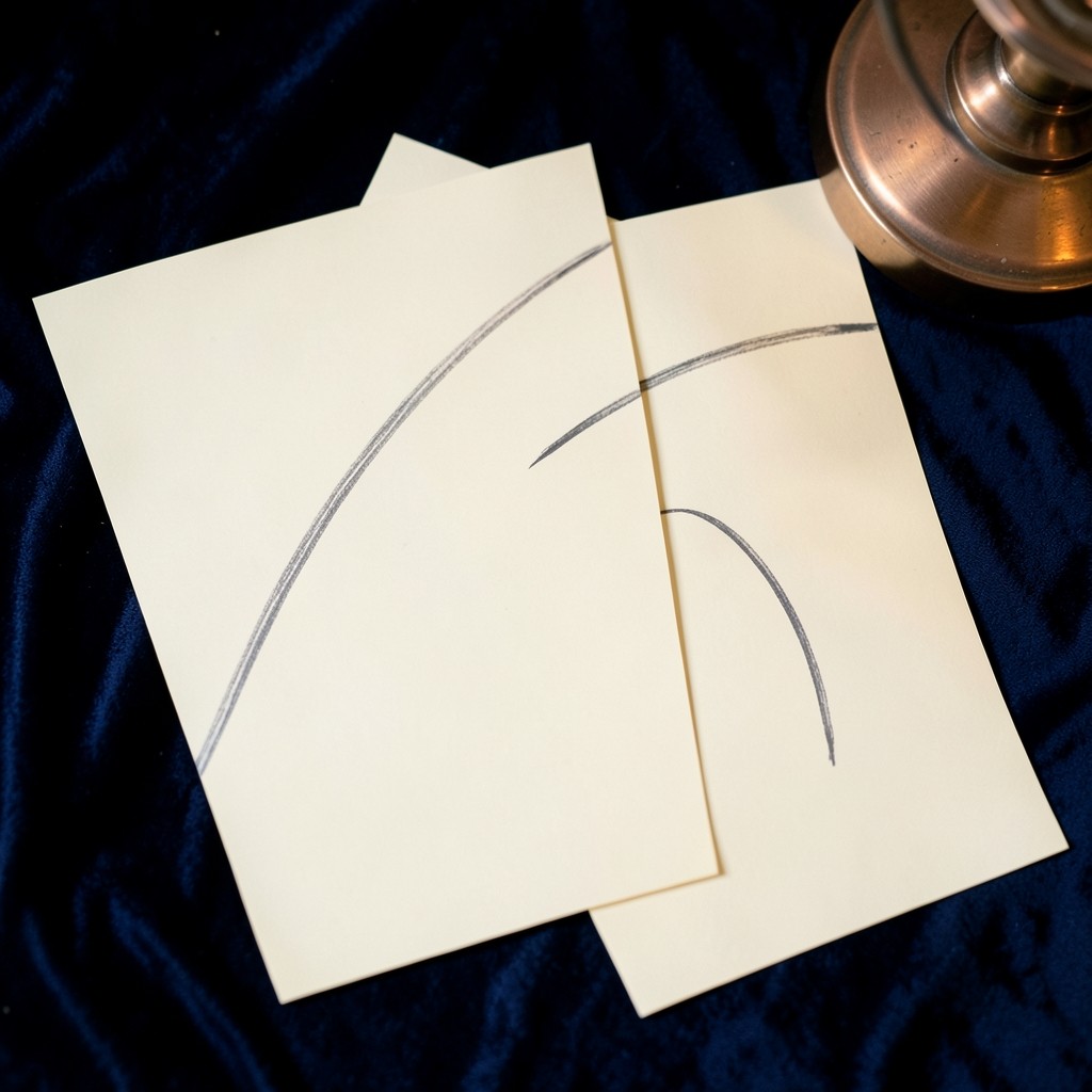 Overhead view of two overlapping paper sheets with long and short abstract pencil arcs, antique copper lamp at the edge