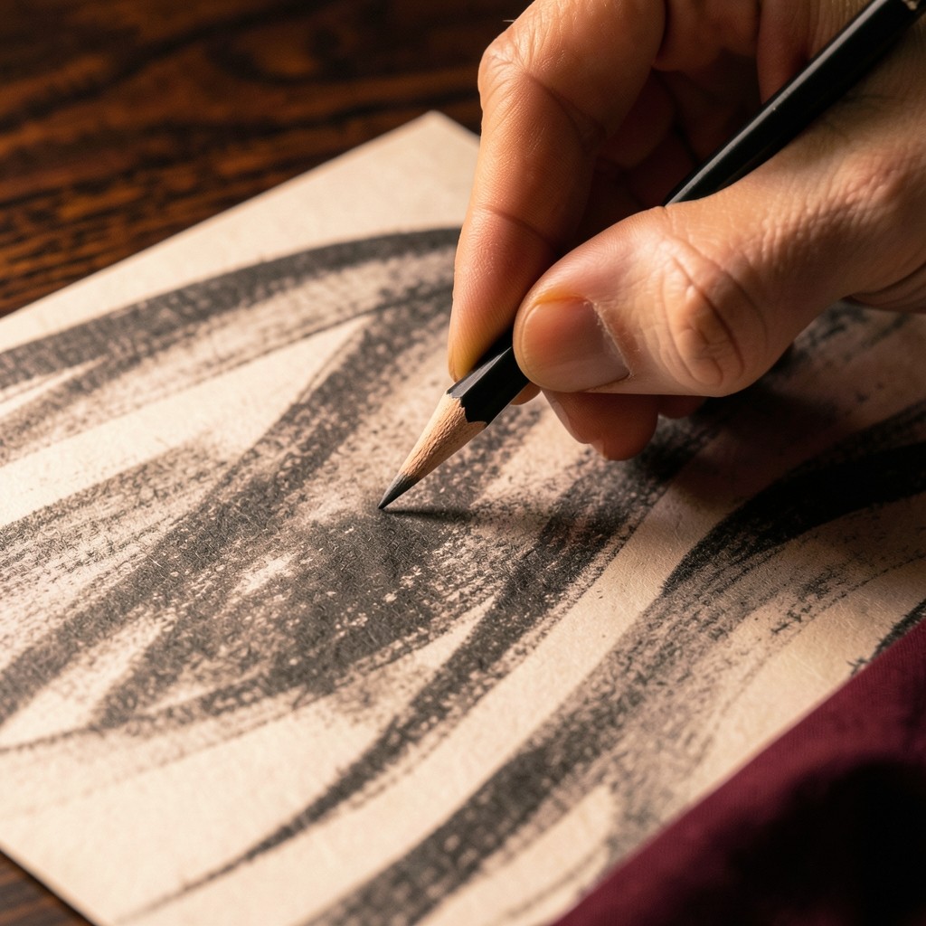 Close view of an adult hand holding a pencil above paper covered in abstract wave lines, copper light, dark wood
