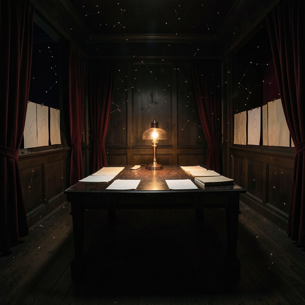 The cycle room before a sitting, with paper boards, a copper lamp, and burgundy velvet along dark wood walls