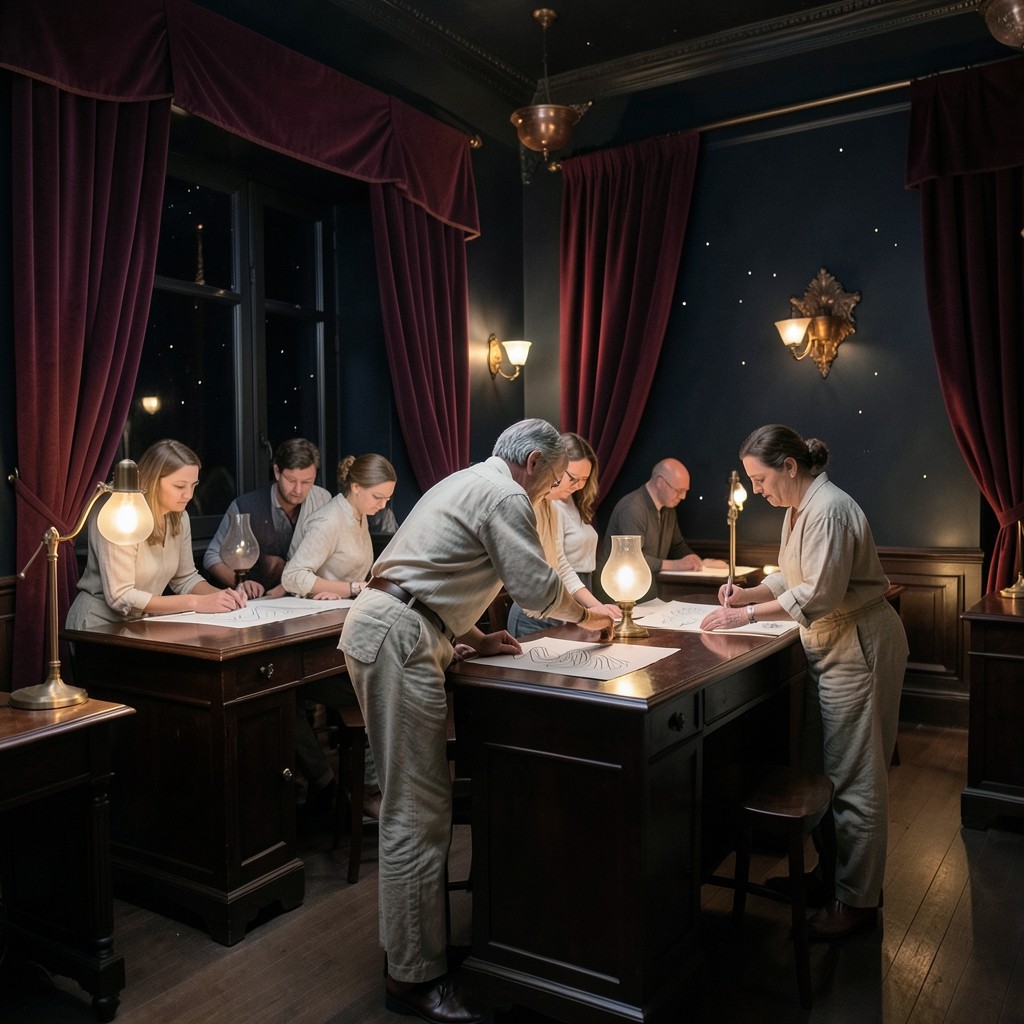 Adults seated at lacquered desks in a dim velvet room, marking pencil cycles on large paper sheets under a copper lamp