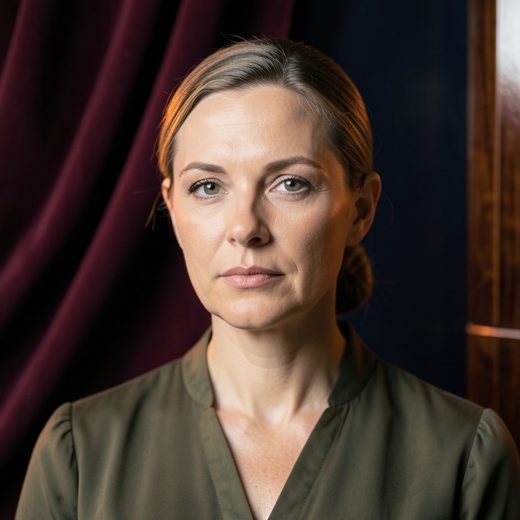 Portrait of Elise Marlow, a woman in her forties, beside burgundy drapery and dark wood