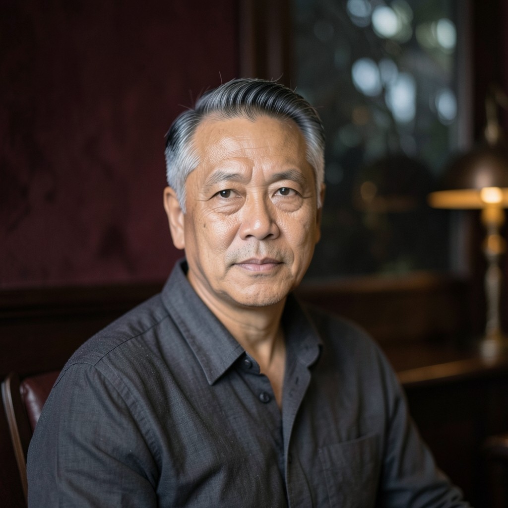 Portrait of Niran Sutham, a Thai man in his fifties, in a dim room with a copper lamp