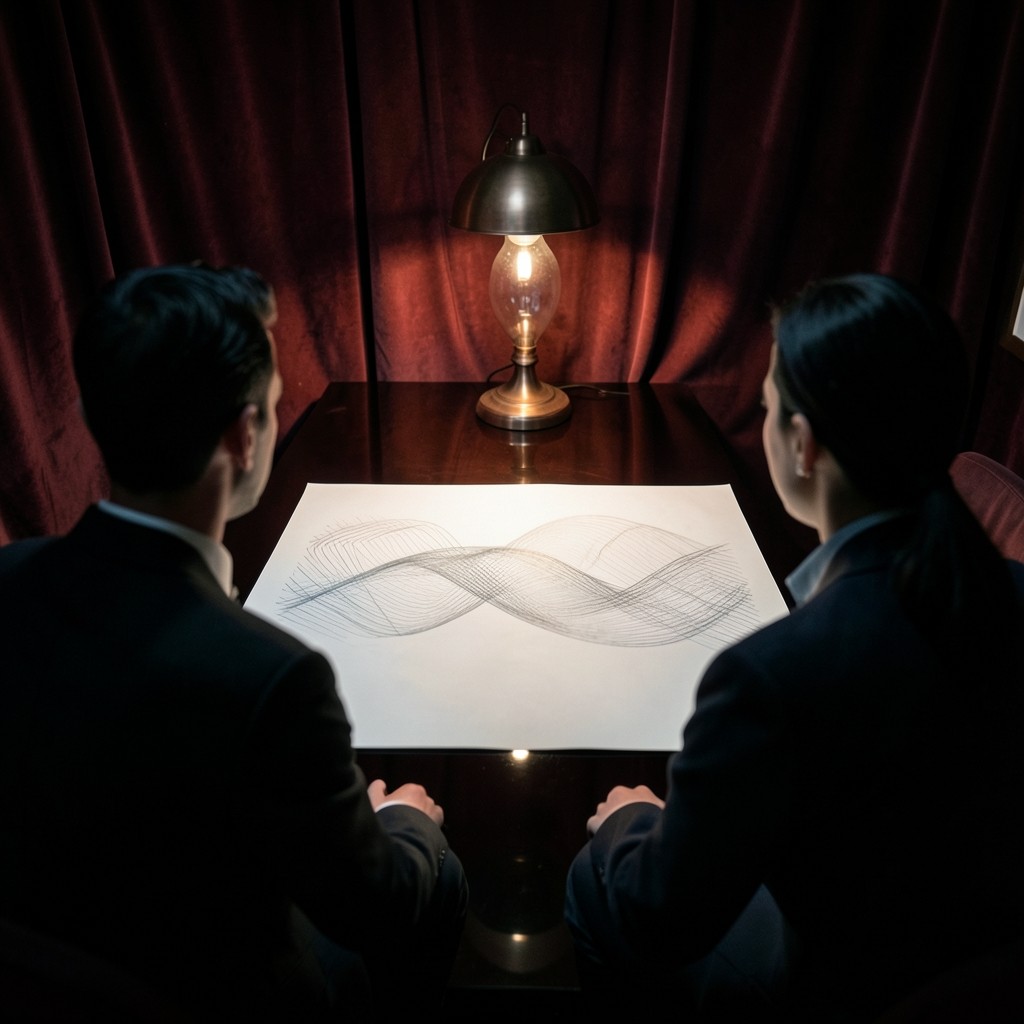Adults at a lacquered table in a dim velvet room, marking long pencil waves on large paper sheets under a copper lamp