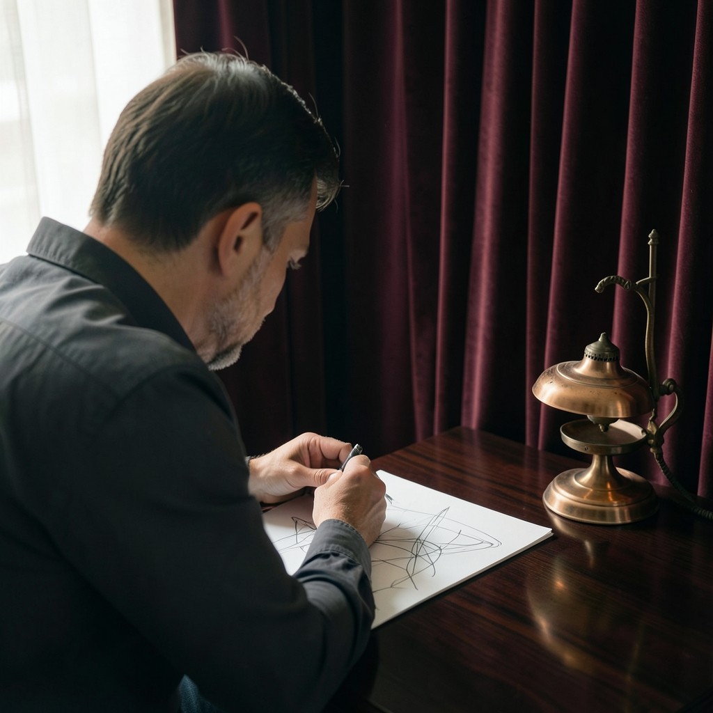 One adult marking a pencil swing on paper in warm early light, velvet curtains and dark wood behind the desk