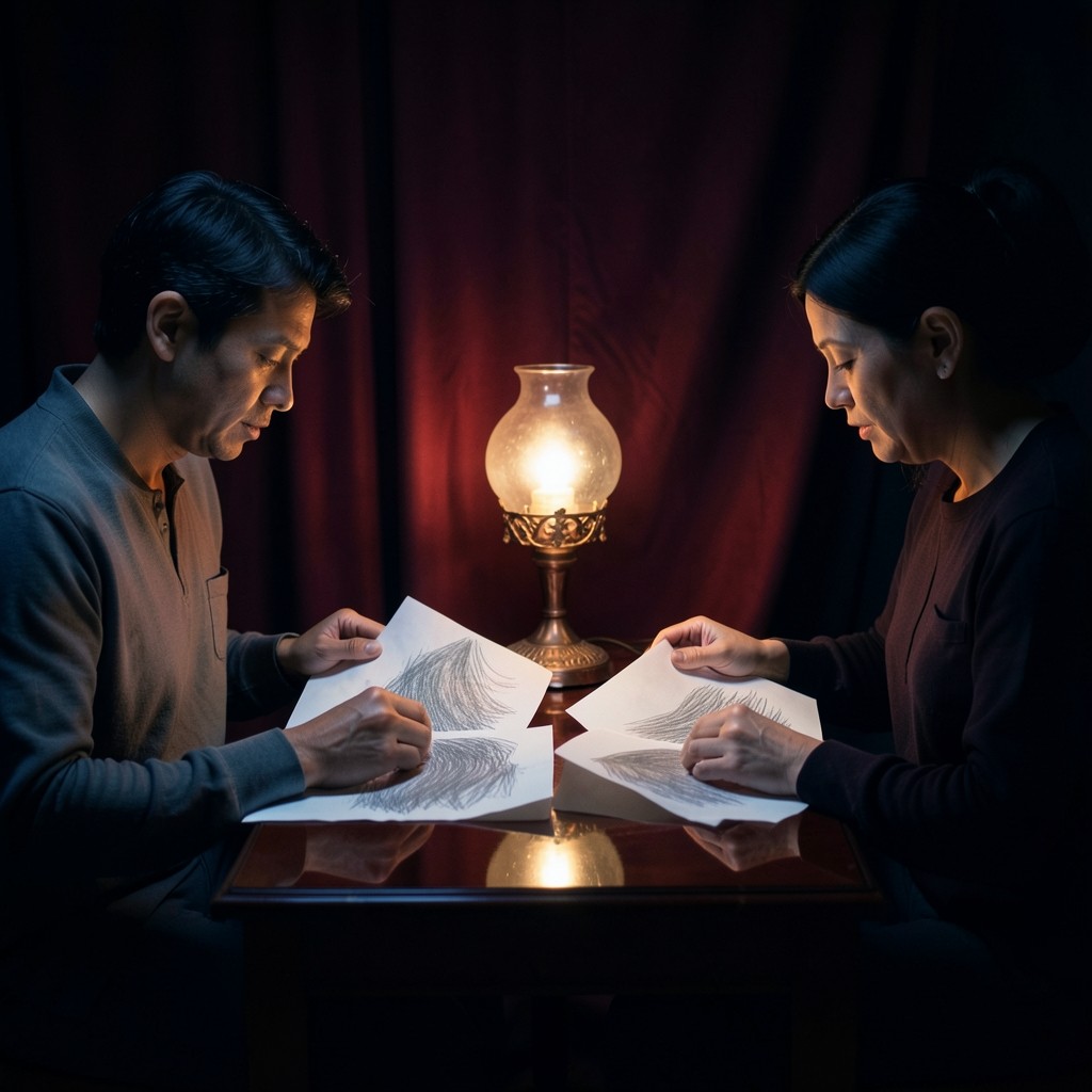 Two adults seated across a small lacquered desk, reviewing large paper sheets marked with abstract pencil waves