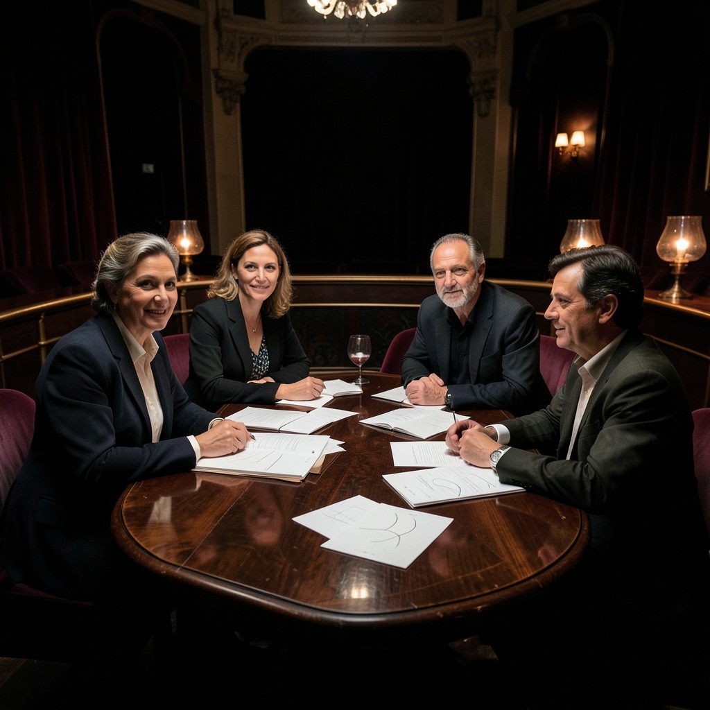 A small group of adults around a dark wood table, notebooks and pencil sheets arranged under smoked-glass lamps